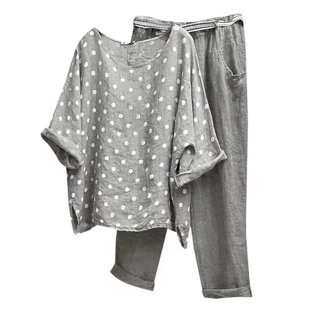 Women's comfortable linen leisure set with loose tunic, polka dot pattern and elastic waistband pants Mune Fashion