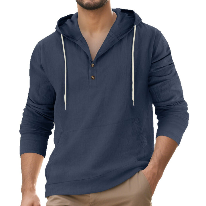 Men's Lightweight Hooded Henley Made of Cotton-Linen with Kangaroo Pocket Mune Fashion