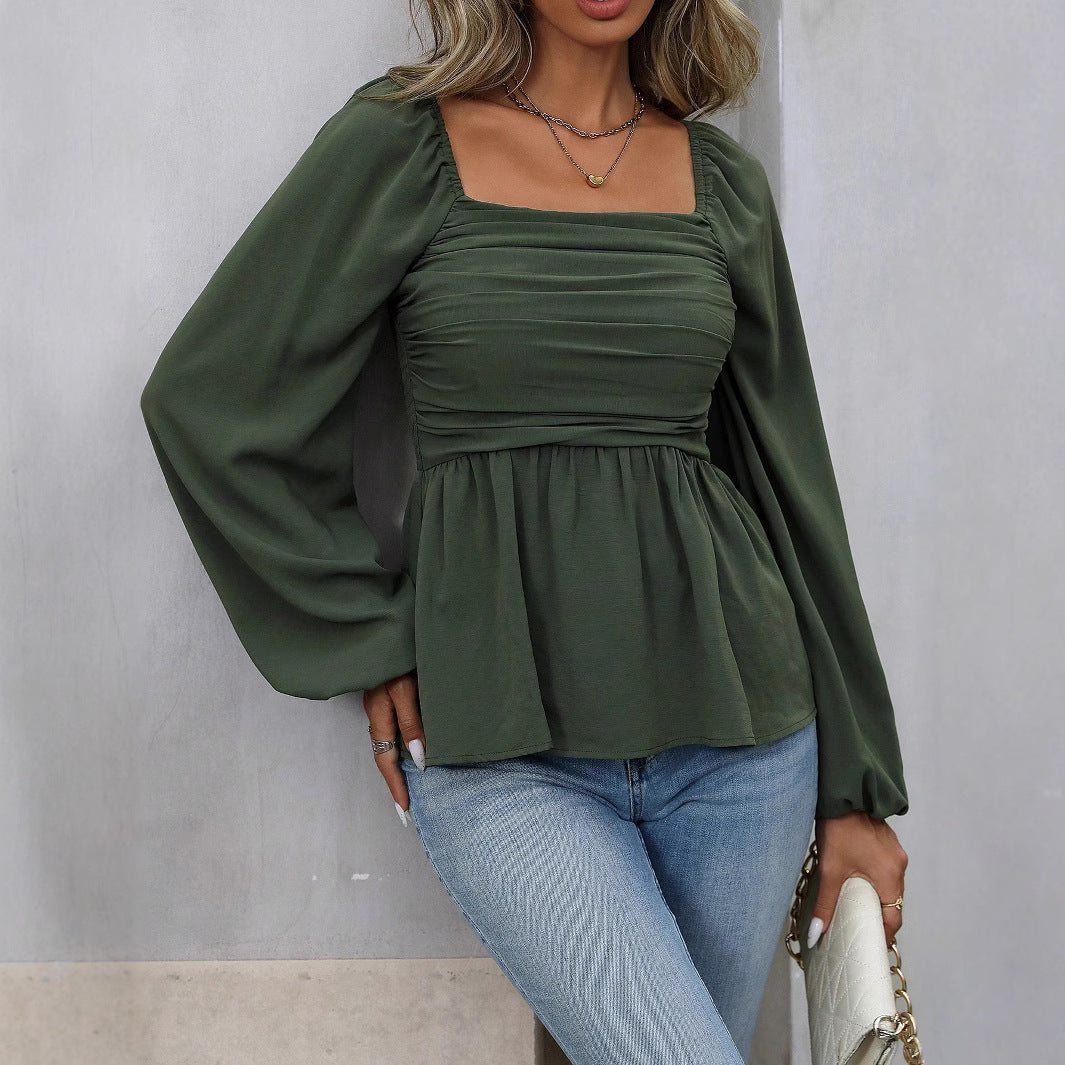 Ladies gathered peplum blouse with square neckline and balloon sleeves Mune Fashion