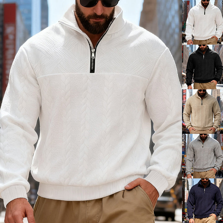 Men's textured half-zip knitted sweater with cable pattern and high stand-up collar Mune Fashion