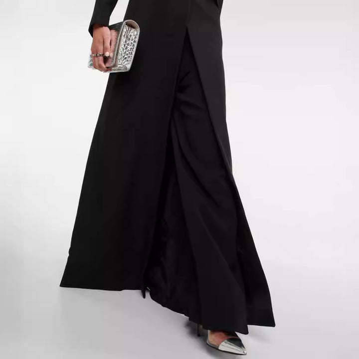 Women's maxi dress in tuxedo style with deep V-neck and tailored single-button closure Mune Fashion