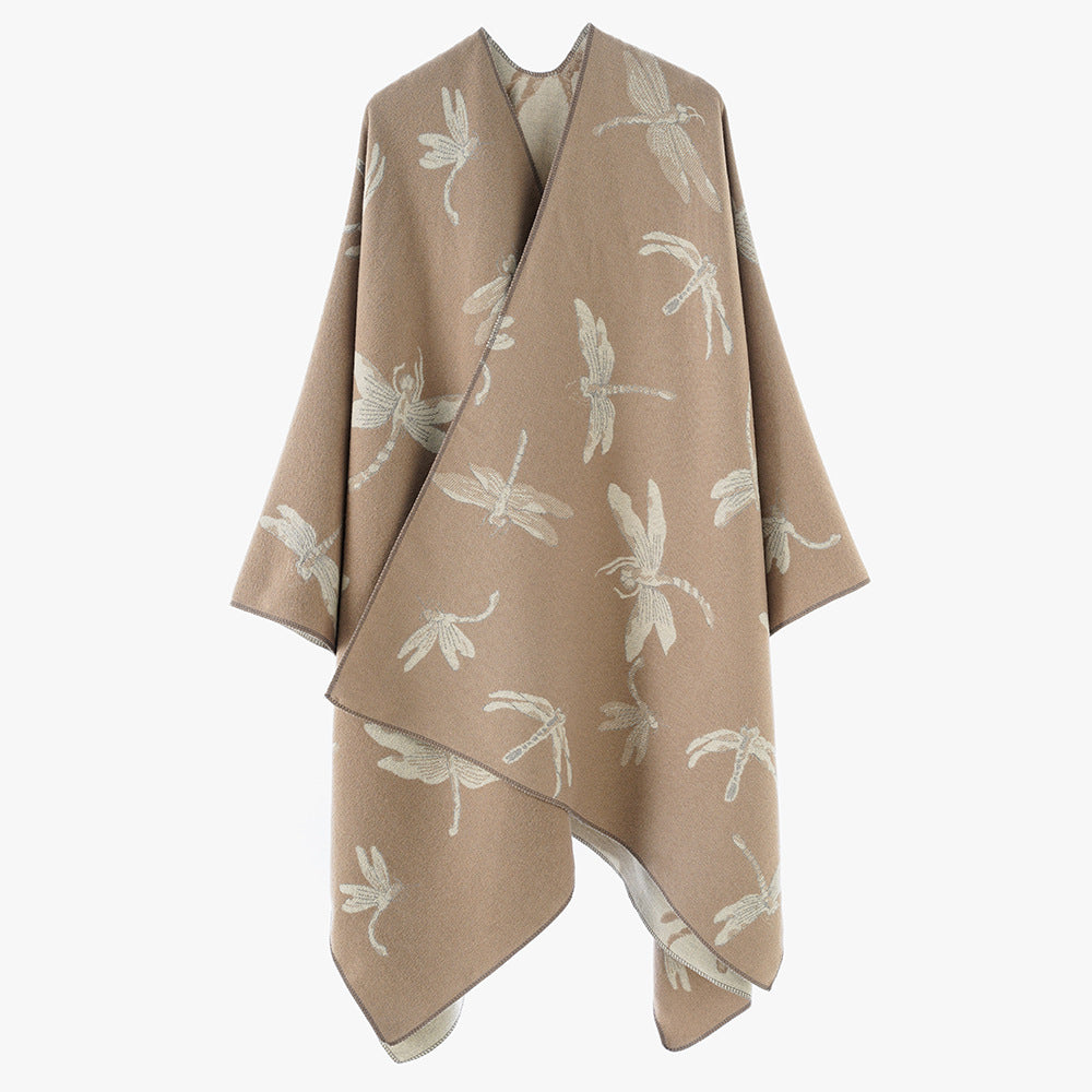 Ladies Reversible Jacquard Poncho with Dragonfly Pattern Mune Fashion