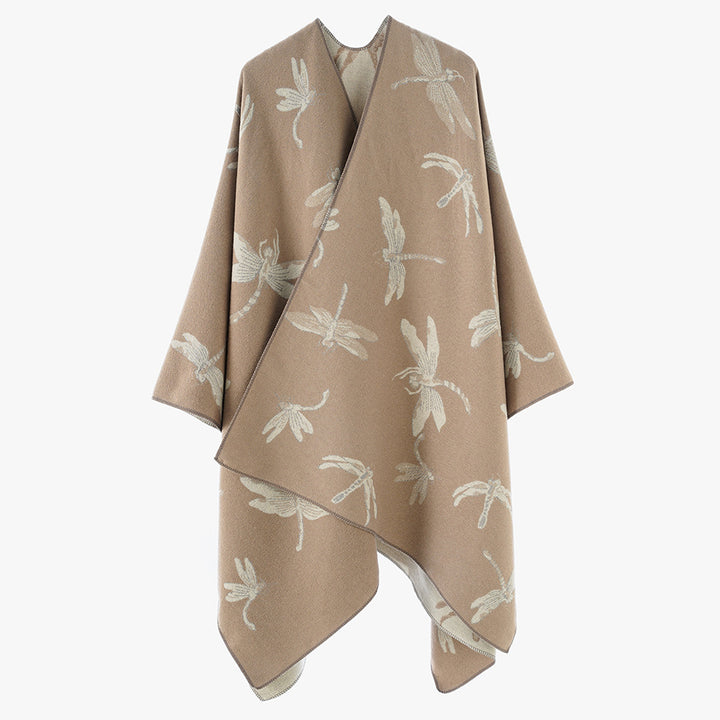 Ladies Reversible Jacquard Poncho with Dragonfly Pattern Mune Fashion