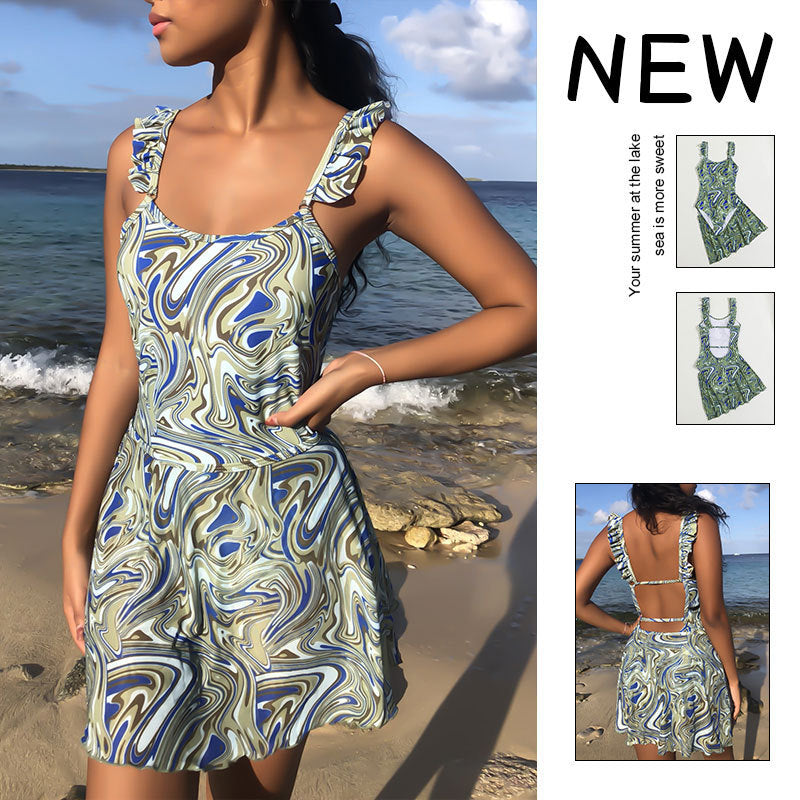 Women's one-piece swimsuit with playful ruffle design and fashionable marble pattern Mune Fashion