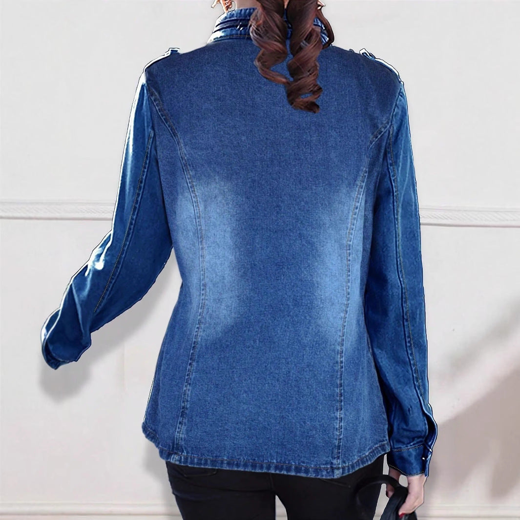 Women tailored denim jacket in military style with stand-up collar and flap pockets Mune Fashion