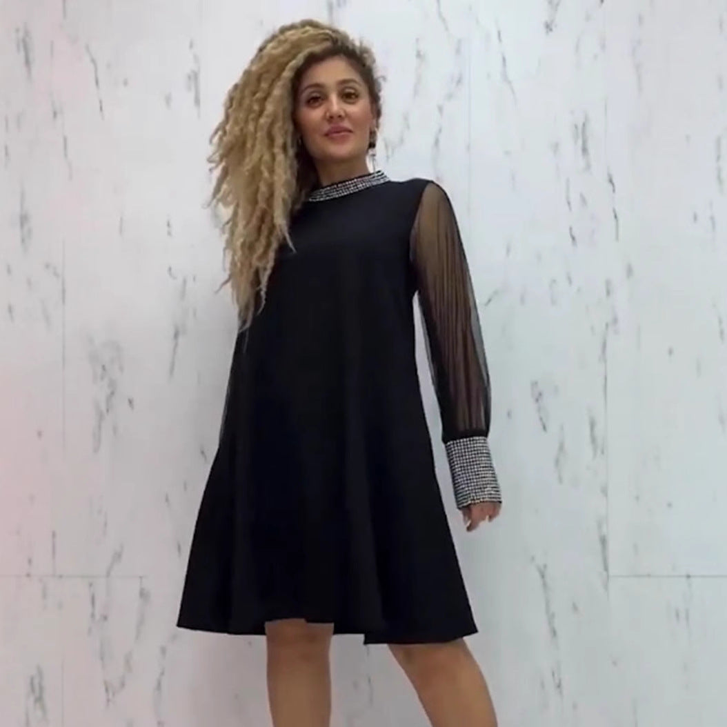 Ladies A-line short dress with transparent mesh sleeves and embellished collar Mune Fashion