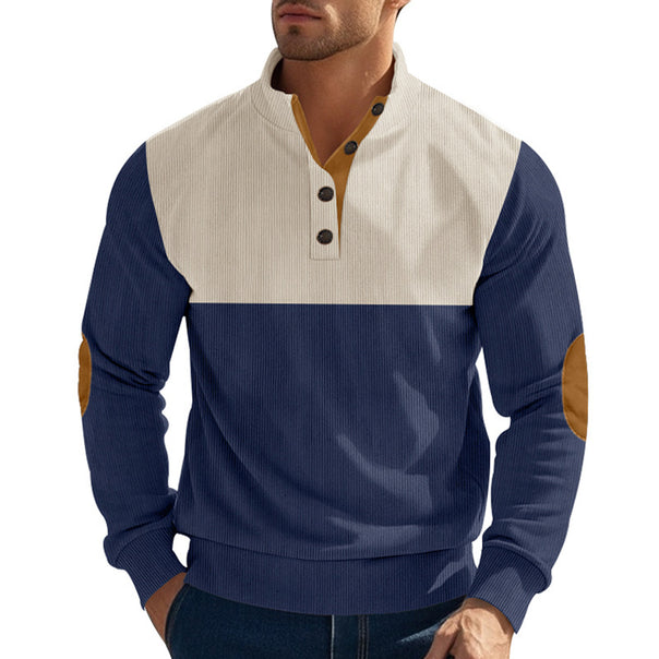 Men's ribbed knit sweater with standing collar, button placket, and leather elbow patches Mune Fashion