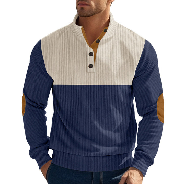 Men's ribbed knit sweater with standing collar, button placket, and leather elbow patches Mune Fashion