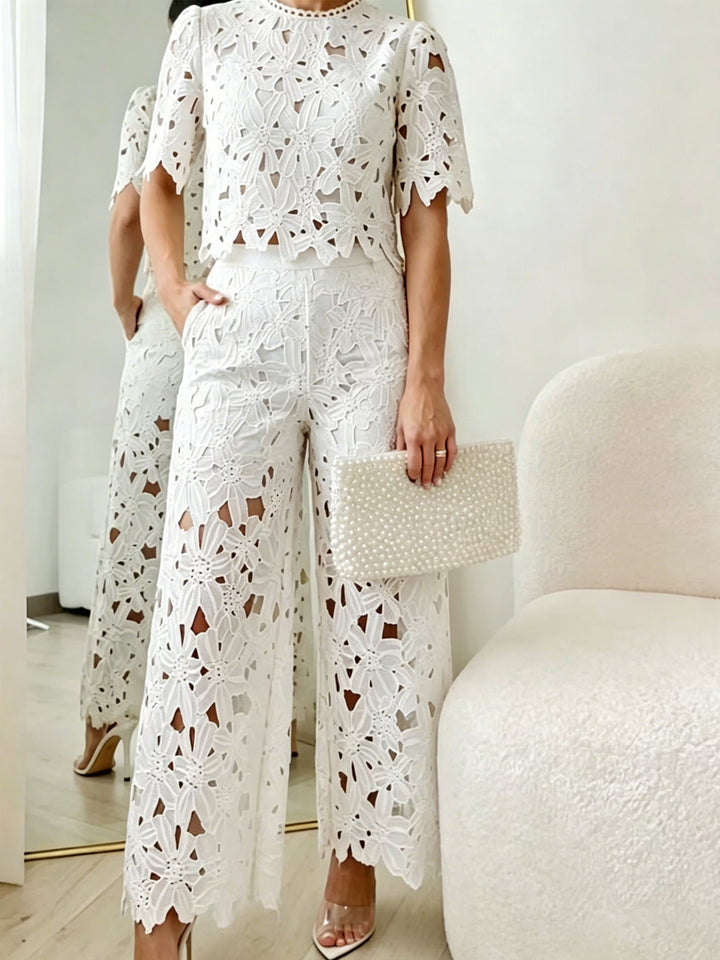 Ladies' two-piece set in Guipure lace with a cropped top, scalloped hem, and high-waisted wide Palazzo pants Mune Fashion