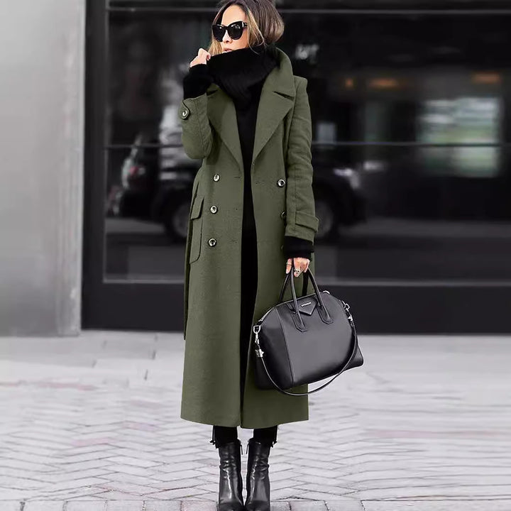 Women's Long Coat Double-Breasted Wool Mix with Wide Lapels and Patch Pockets Mune Fashion