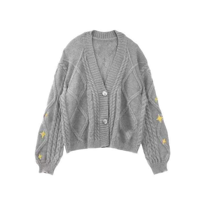 Women's oversized knitted cardigan with cable pattern and star applications V-neck button placket Mune Fashion