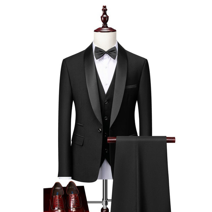 Men's three-piece tuxedo set with shawl collar, tailored vest, and slim fit Mune Fashion