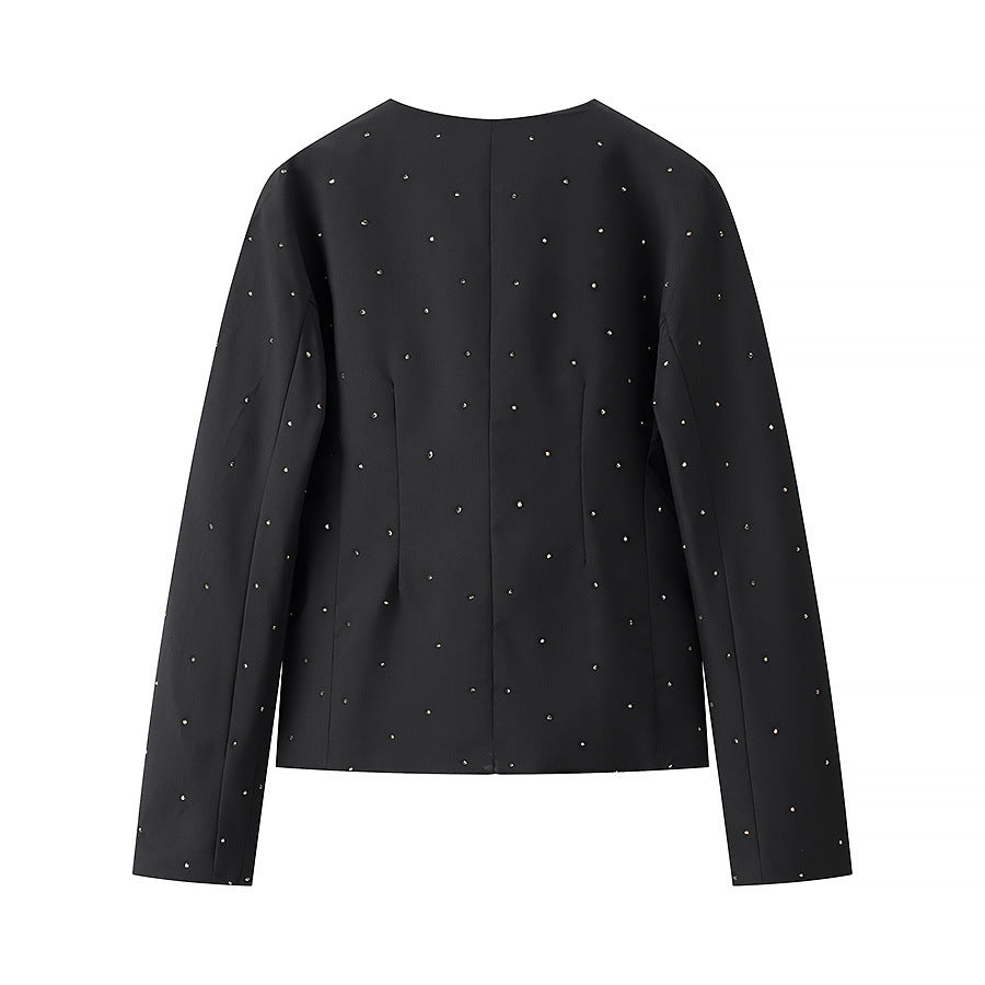 Women nan elegant tailored blazer without collar with decorative stone trim Mune Fashion