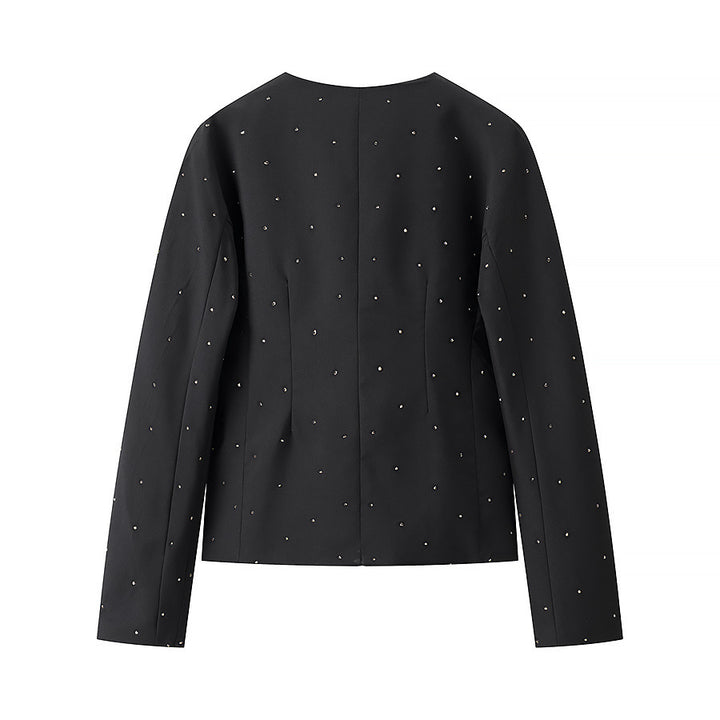 Women nan elegant tailored blazer without collar with decorative stone trim Mune Fashion