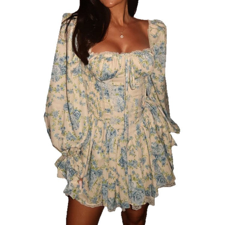 Ladies Corset Mini Dress with Puff Sleeves, Square Neckline and Tiered Ruffle Skirt Mune Fashion