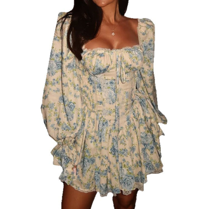 Ladies Corset Mini Dress with Puff Sleeves, Square Neckline and Tiered Ruffle Skirt Mune Fashion