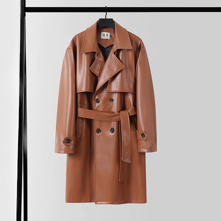 Men's Faux Leather Trench Coat with Double-Breasted, Oversized Cut and Cuff Straps Mune Fashion