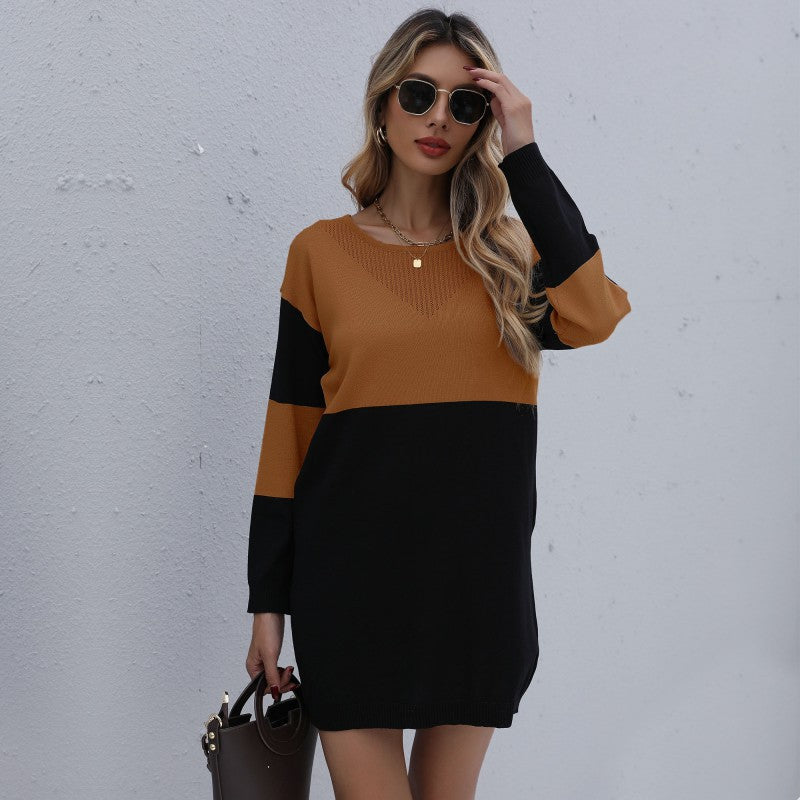 Women's Oversize Knit Mini Dress with Colorblock Insert and Ribbed Hem Mune Fashion