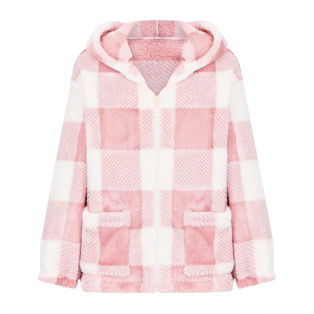 Women nan thick checkered teddy jacket with hood, front zipper and patch pockets Mune Fashion