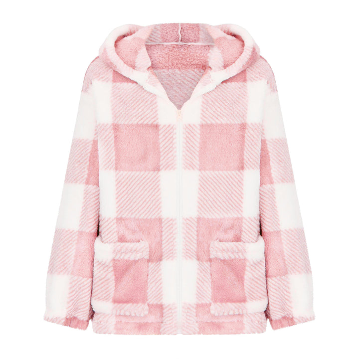 Women nan thick checkered teddy jacket with hood, front zipper and patch pockets Mune Fashion
