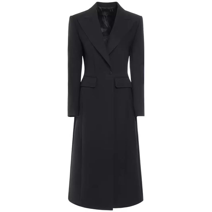 Women's Longline Single-Breasted Coat with Subtle Waist Definition and Peak Lapel Mune Fashion