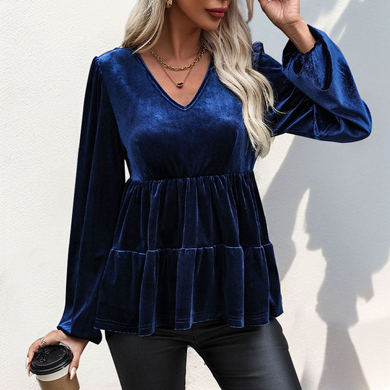 Women's Velvet Tunic with V-Neck, Tiered Skirt and Balloon Sleeves Mune Fashion