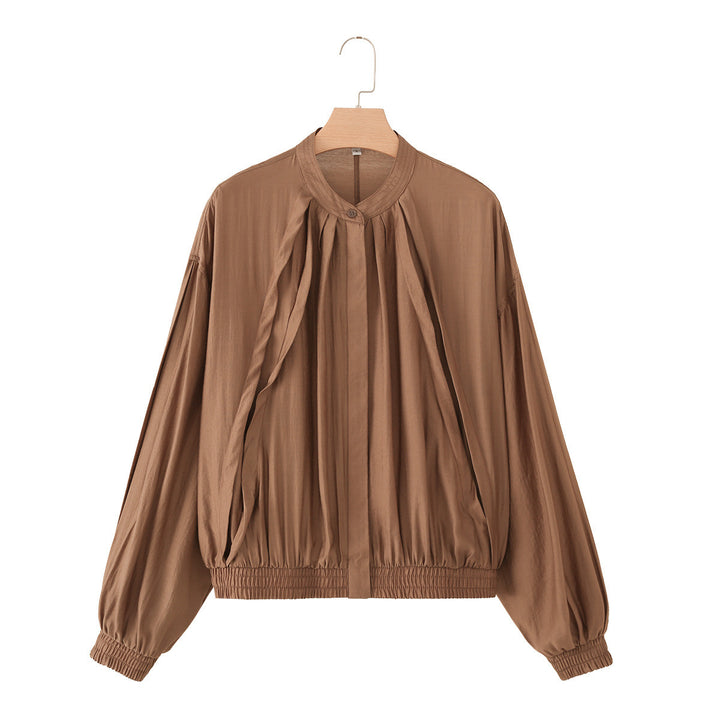 Women’s lightweight blouson jacket with pleated front, stand-up collar, and elastic hem Mune Fashion