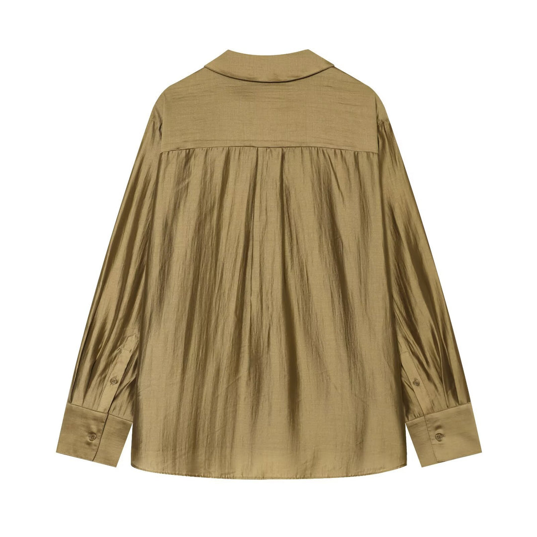 Ladies Oversize Tunic Blouse made of shimmering crepe look with shirt collar and V-neck Drune