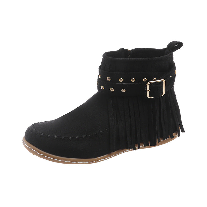 Women's fringe ankle boot in moccasin style with decorative studs, buckle strap, and side zipper Mune Fashion