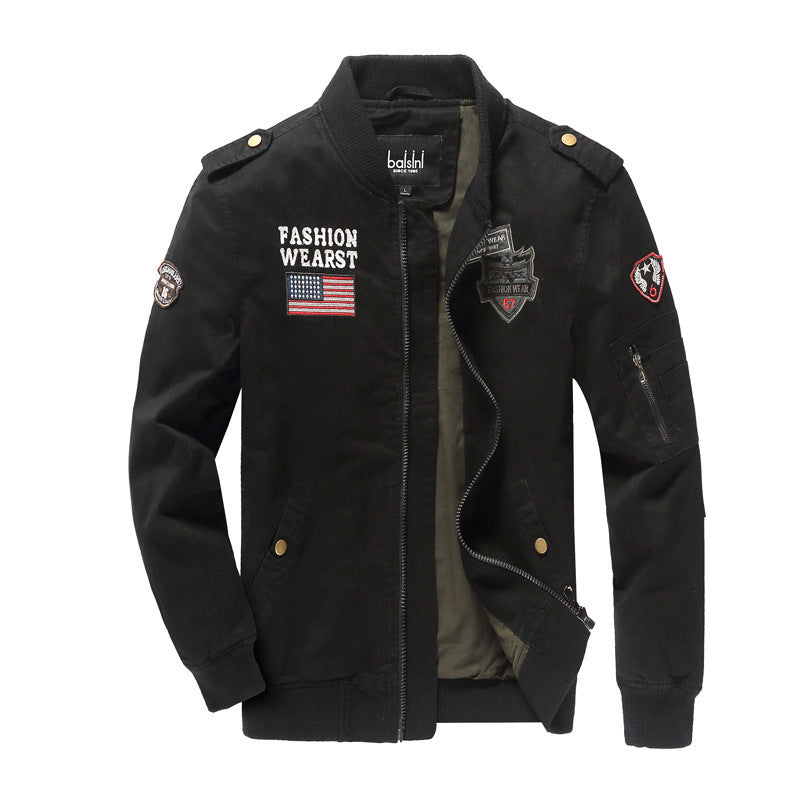 Men's military-inspired bomber jacket with embroidered patches, sleeve pocket, and elastic ribbed cuffs Mune Fashion
