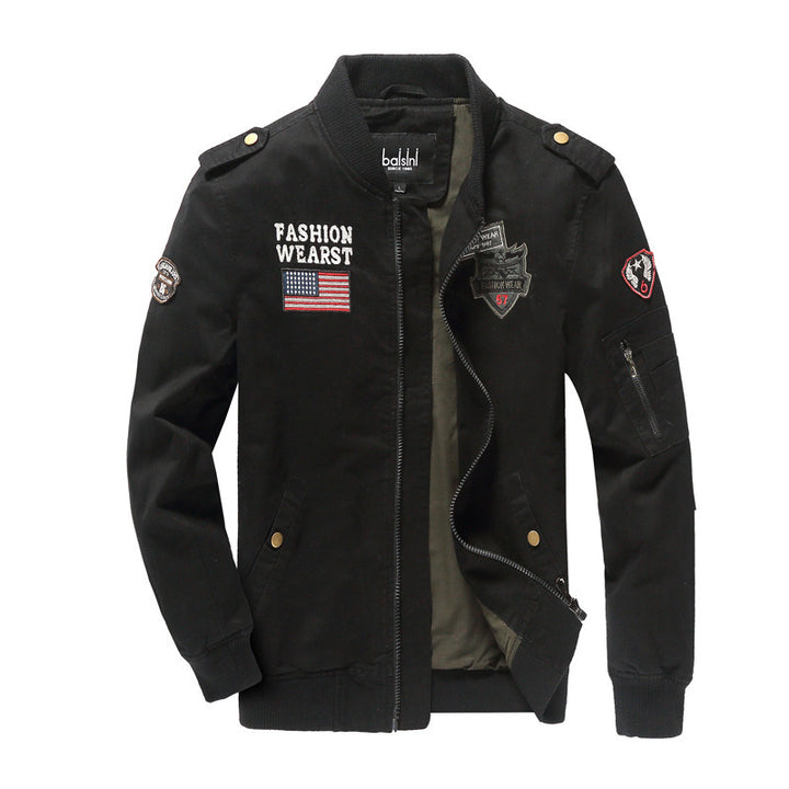 Men's military-inspired bomber jacket with embroidered patches, sleeve pocket, and elastic ribbed cuffs Mune Fashion