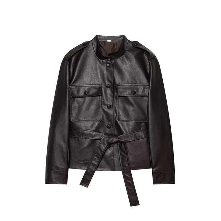 Women's Tailored Faux Leather Safari Jacket with Tie Belt and Flap Pockets Mune Fashion
