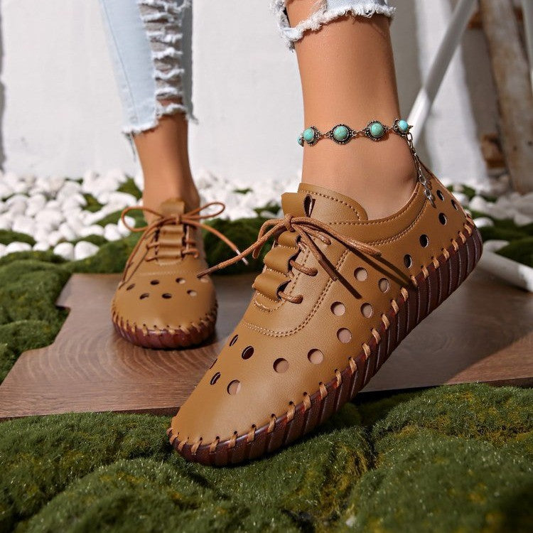 Women casual perforated leather lace-ups with flexible rubber sole Mune Fashion