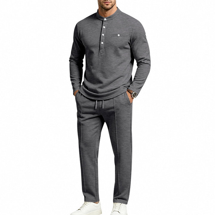 Men's Two-Piece Leisure Set with Henley Long Sleeve Shirt, Stand Collar and Comfort Jogging Pants Mune Fashion