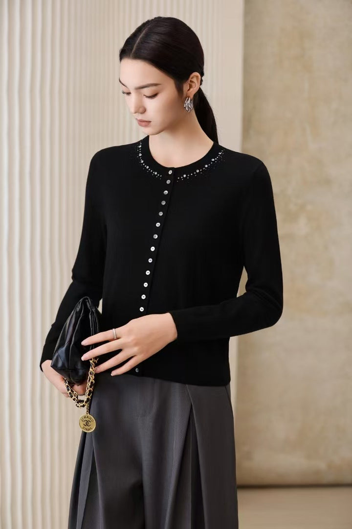 Women Fine Fine Knit Cardigan with Bead Decor at Crew Neck