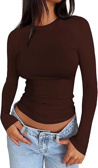 Ladies Body-hugging Long Sleeve Shirt in Cropped Look with Extended Sleeves and Thumb Hole Mune Fashion