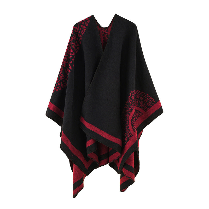Women's Oversize Knit Poncho with Graphic Jacquard Pattern Mune Fashion