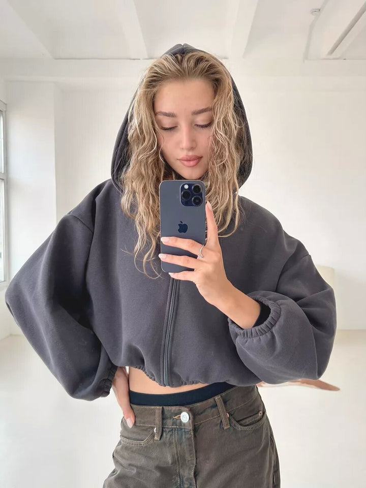Women's oversized hooded jacket short cut with elastic hem and balloon sleeves Mune Fashion