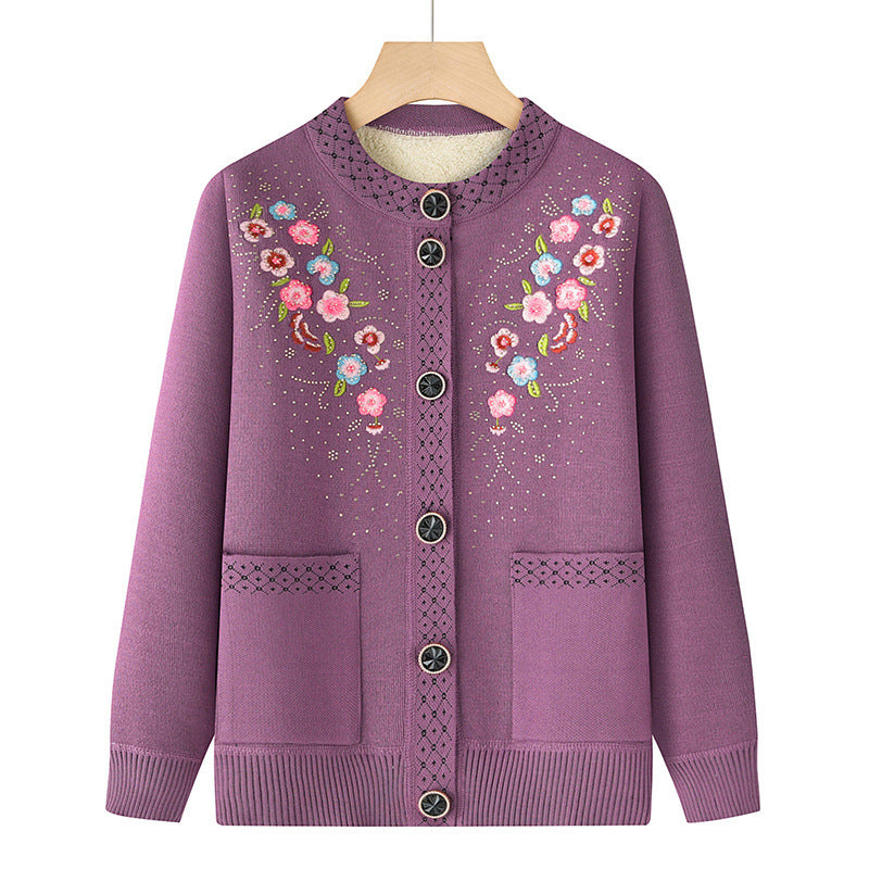 Women's embroidered cardigan with round neck, patch pockets, and decorative button placket Mune Fashion