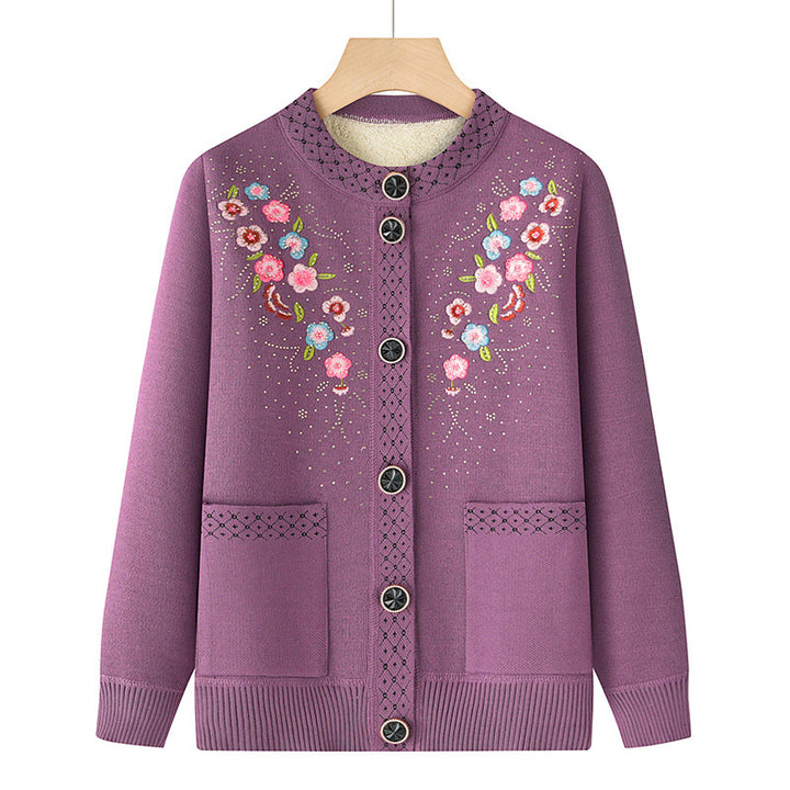 Women's embroidered cardigan with round neck, patch pockets, and decorative button placket Mune Fashion
