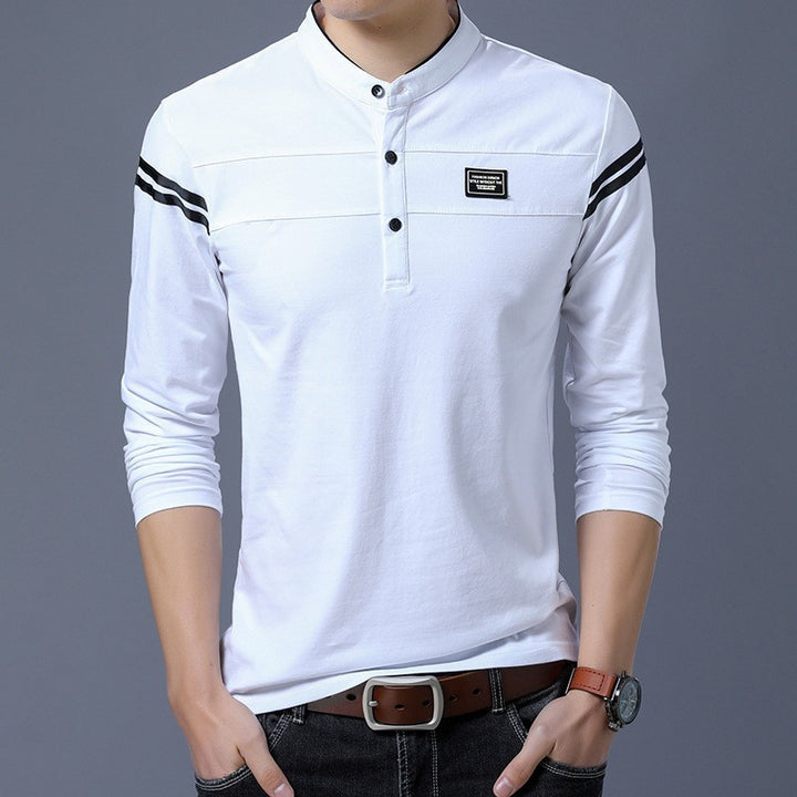 Men's Slim-Fit Long Sleeve Henley with Stand Collar and Shoulder Stripes Mune Fashion