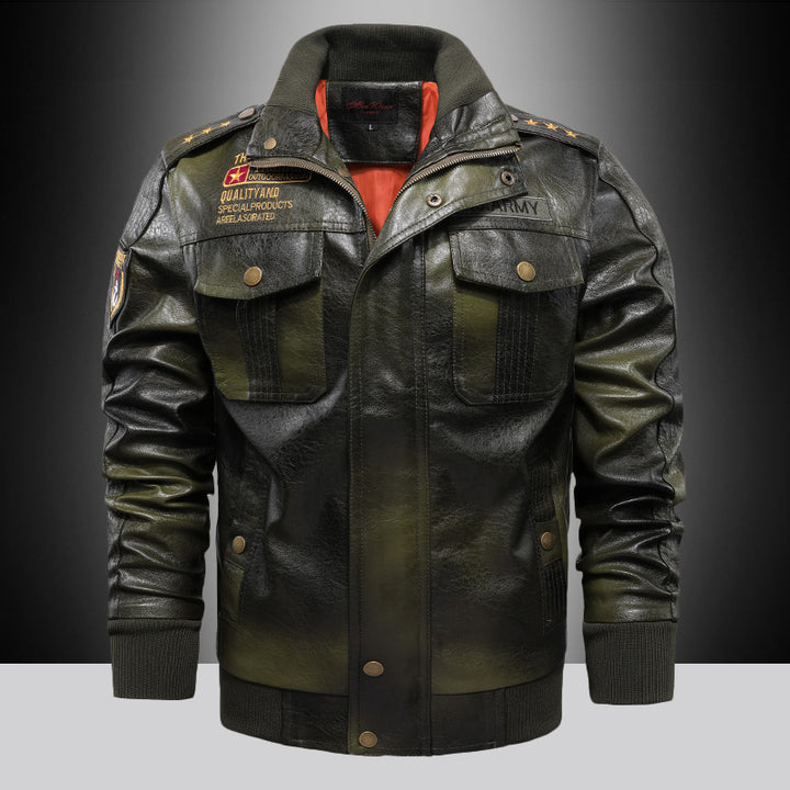 Men's Urban Pilot Leather Jacket in Military Look with Stand-up Collar and Shoulder Epaulettes Mune Fashion