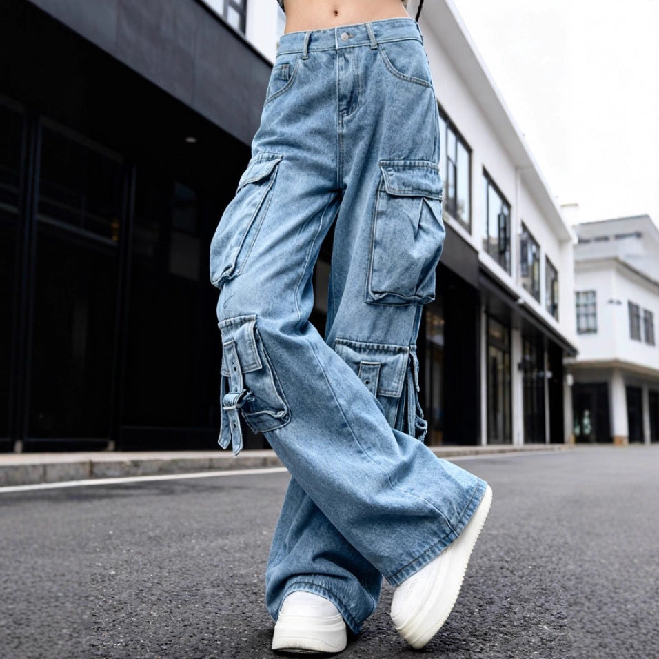 Women's Wide Cargo Jeans with Multiple Patch Pockets and Utility Details Mune Fashion
