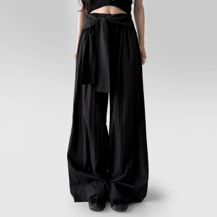 Women's high-waisted linen pants with wide leg and decorative tie belt Mune Fashion