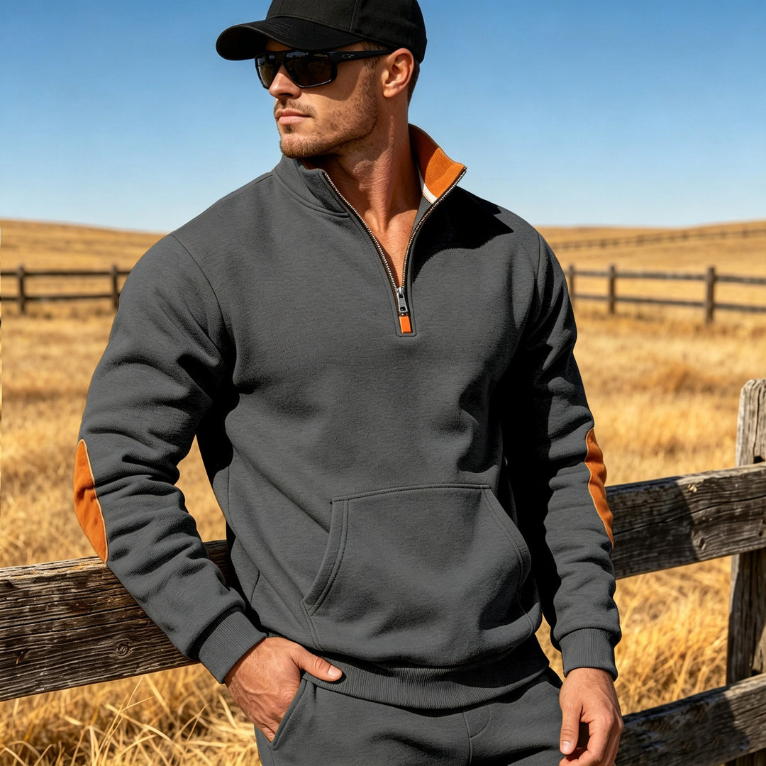 Men's Athletic Half-Zip Sweatshirt with Elbow Patches and Kangaroo Pocket Mune Fashion