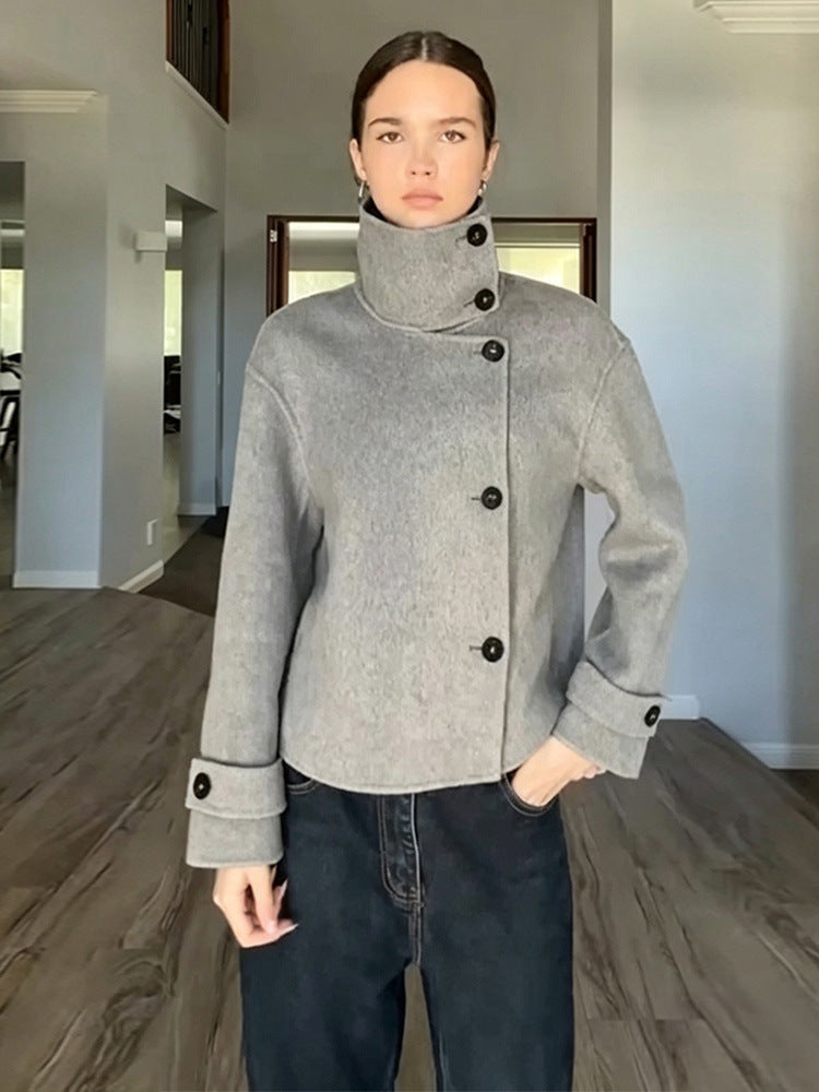 Women's Short Wool Blend Coat with Asymmetrical Button Placket and High Standing Collar Mune Fashion