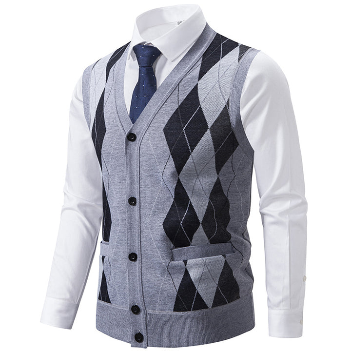 Men's sleeveless wool blend vest with V-neck, Argyle diamond pattern, welt pockets and button placket Mune Fashion