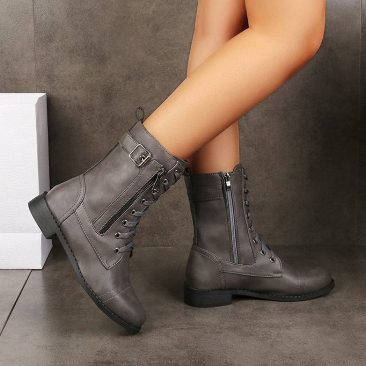 Women's ankle-high lace-up boots made of synthetic leather with a side zipper and durable tread sole Mune Fashion