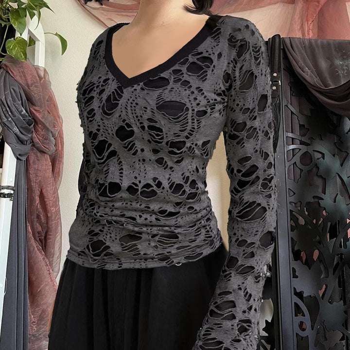 Ladies transparent distressed lace shirt with V-neck, long-sleeve layered look and built-in cami Mune Fashion