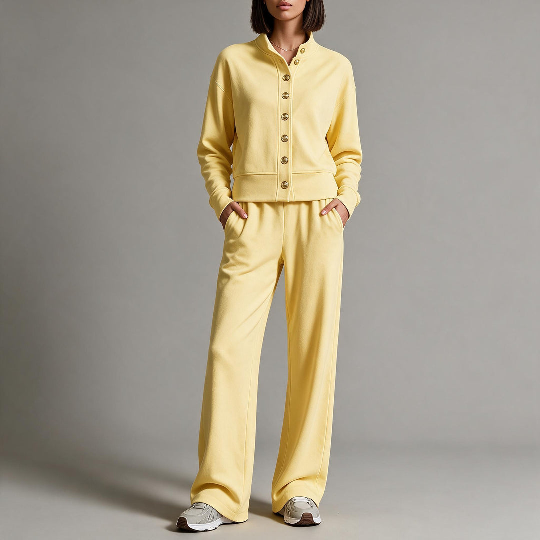 Women's sweat jacket with snap button placket, standing collar, and soft lounge cut Mune Fashion